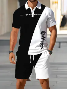 Men's Patchwork Polo Set, Short Sleeve Casual Sport Two-Piece, Fashion Graphic Print Summer Wear, Slim Fit
