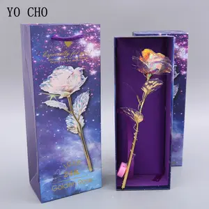 YO CHO 24K Plated Gold Rose Artificial Flower 24K Foil Rose Galaxy Box Birthday Valentine Mother's Day Christmas Creative Gift flower plant Crystal Light-Up glass