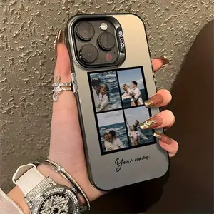 Phone case: 1 customizable, best-selling colorful silver phone case with custom image, four-image collage option, customizable with name/date. High-definition drop-proof phone case. Gift for Girlfriend or Best Friend. Supports couple photos and names