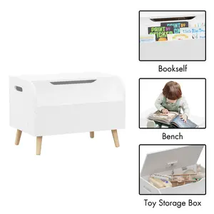 Wooden Toy Box, Kids Toy Storage Organizer with Front Bookshelf, Flip-Top Lid, Safety Hinge, Boys Girls Toy Chest Bench for Playroom Kids Room Organization (White)    RR