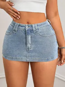 Latest Plus Size Y2K Style Stretch Denim Mini Skirt, Blue Denim, Fashionable, All Seasons, Casual Essential