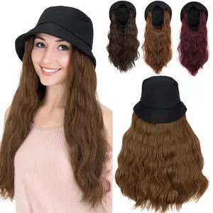Cap With Hair Attached For Women Bucket Hat Wig Long Natural Wavy Hair Extensions With Black Hat 18 Inc HHeat Resistant Synthetic Fiber Extensions Outdoor Daily Wear