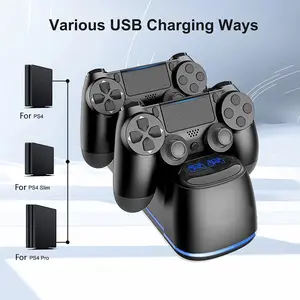 A charging dock for PS4/slim/pro controllers, a PS4 controller blue light charging base with controller stand, featuring a blue ambient light at the bottom, Console Controller Accessories