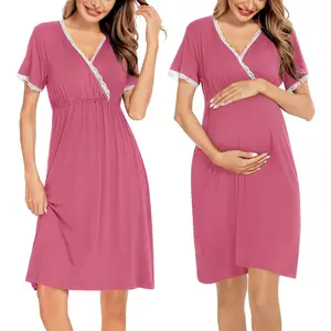 Women 3 in 1 Delivery/Labor/Nursing Nightgown Short Sleeve Pleated Maternity Sleepwear for Breastfeeding