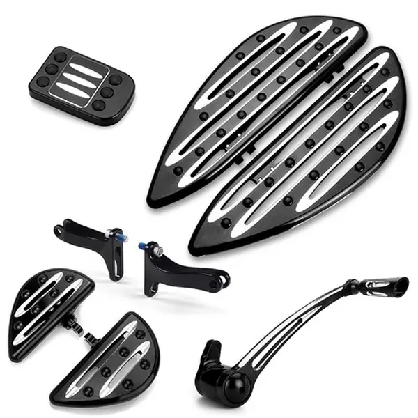 Gauge Style Billet Floorboard Kit Black for Harley Touring 1980-Up with Shifter & Brake Pedal, 1 Pair Front Floorboards, 1 Piece Brake Pedal