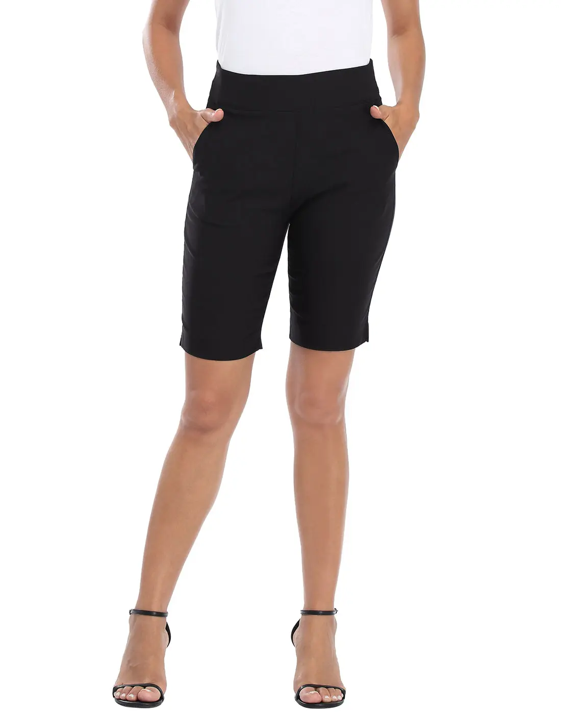 HDE Women's Mid-Rise Pull-On Straight Leg Bermuda Shorts - 10" Inseam, Tummy Control Elastic Waistband, Pockets, Breathable Rayon Blend Fabric, Flattering Fit, Outdoor & Everyday Wear, Bottom, Style, Casual, Basic, Solid, Bermuda-Length Shorts, Stretch Fo