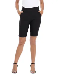 HDE Women's Pull On 10" Inseam Bermuda Shorts with Pockets Mid-Rise Tummy Control Elastic Waistband Breathable Beachwear Bottom Chic Womenswear in Rayon Blend Fabric for Everyday Wear