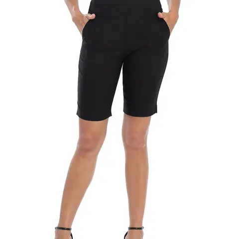 HDE Women's Mid-Rise Pull-On Straight Leg Bermuda Shorts - 10" Inseam, Tummy Control Elastic Waistband, Pockets, Breathable Lightweight Rayon-Elastane Blend, Chic Style, Basic Outdoor Casual Wear, Stretch, Hip-Enhancing, Khaki/Charcoal Solids
