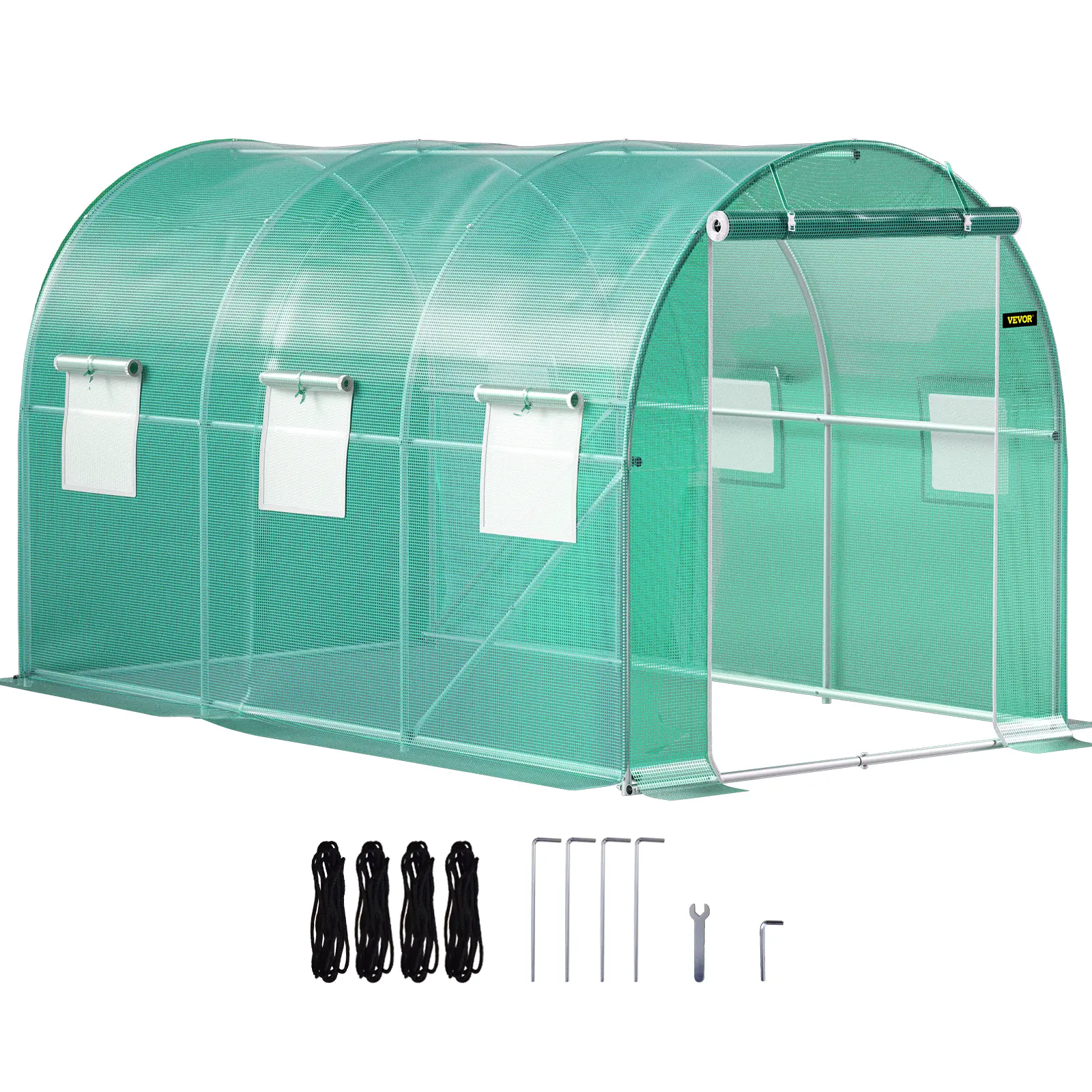 VEVOR 12x7x7 ft Heavy Duty Walk-in Tunnel Greenhouse Kit, Outdoor Portable Plant Hot House with Galvanized Steel Hoops, 1 Top Beam, 2 Diagonal Poles, 2 Zippered Doors, 6 Roll-up Windows, Green, All Tools Included for Flowers & Landscapes