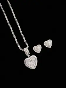 Fashion Hip Hop Heart Zircon Necklace Earrings Set, Unisex Stainless Steel Jewelry, Perfect Gift for All Occasions, Trendy Jewelry Set