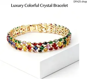 Bohemian Colorful Geometric Zirconia Tennis Bracelet Gold-Tone Clasp Chain for Daily Wear Holiday Gatherings Party Outfits Free-Spirited Vibe DFH25 Shop