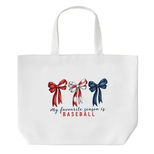 Baseball Season Bow Pattern Canvas Tote Bag Sporty Coquette Aesthetic Reusable Bag For Game Days