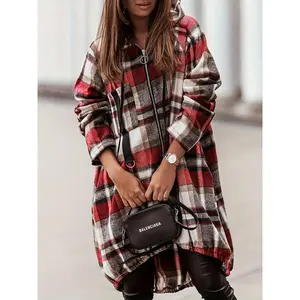 Plaid Pattern Shacket Zipper Design Oversized Longline Casual Hooded Coats with Pockets
