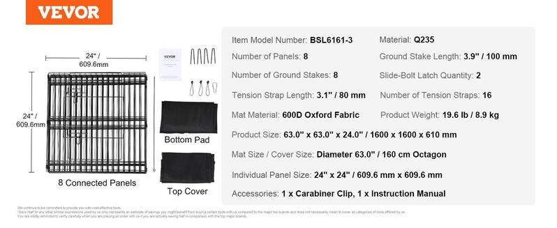 VEVOR Dog Playpen, TikTokShopBlackFriday, 8 Panels Foldable Metal Dog Exercise Pen with Top Cover and Bottom Pad, 24" H Pet Fence Puppy Crate Kennel, Indoor Outdoor Dog Pen for Small Medium Pets, for Camping, Yard