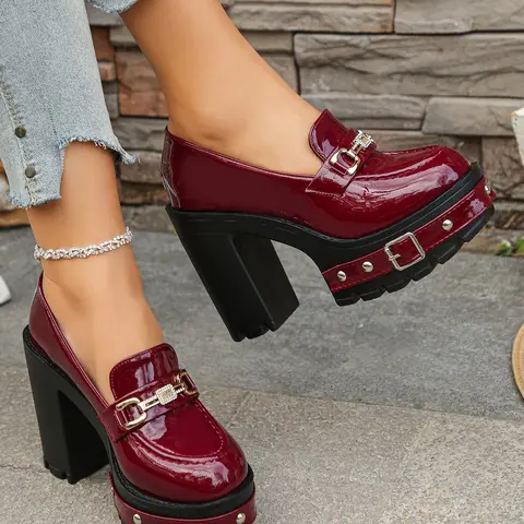 Women's Block Heel Loafers, Patent Leather Upper, Chunky Studded Lug Sole, Rhinestone Buckle Accent, High Heel Loafers for Parties, Night Out, Bold Footwear, Slip-On Design, Trendy Heeled Loafers, Platform Party Shoes