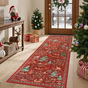 Christmas Hallway Runner Rug, Forest Animal Floral Design, Non-Slip Washable Kitchen Carpet, Home Decorative Rug for Living Room Bedroom