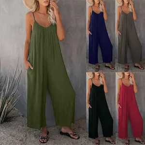 Suspender jumpsuit women's summer solid color pocket casual jumpsuit