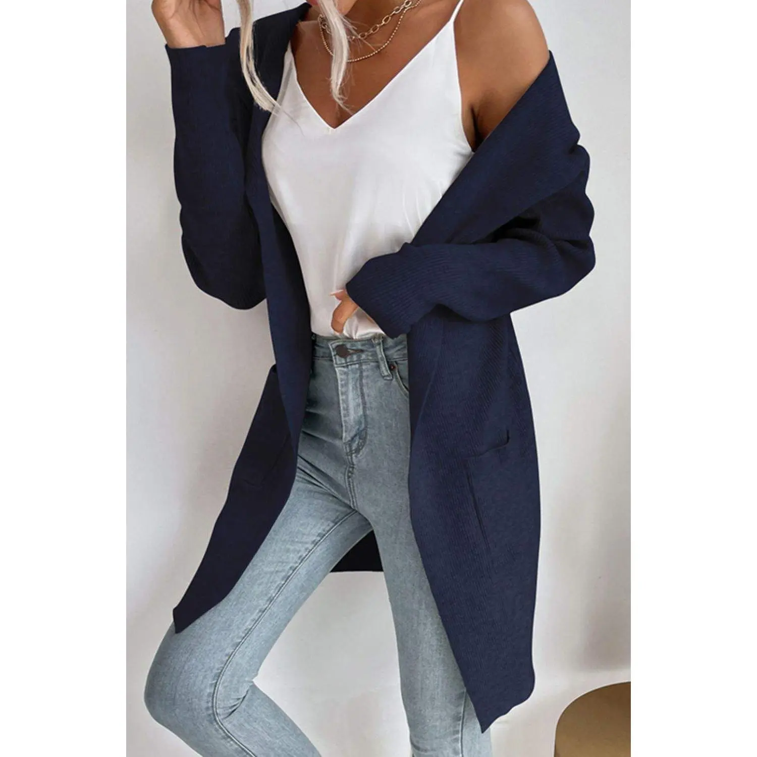 Ribbed Open Front Hooded Cardigan with Pockets