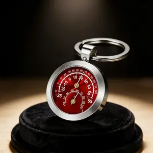 Portable Thermometer Hygrometer Keychain, Mini Stainless Steel Temperature Humidity Gauge, Pocket Weather Monitor for Outdoor Camping Hiking, Red Dial Key Ring Accessory