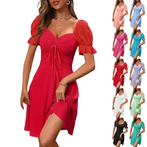 Goranbon Womens Short Puff Sleeve Mini Dresses Summer Drawstring Sweetheart Neck Casual Flowy Dress Womenswear Comfort