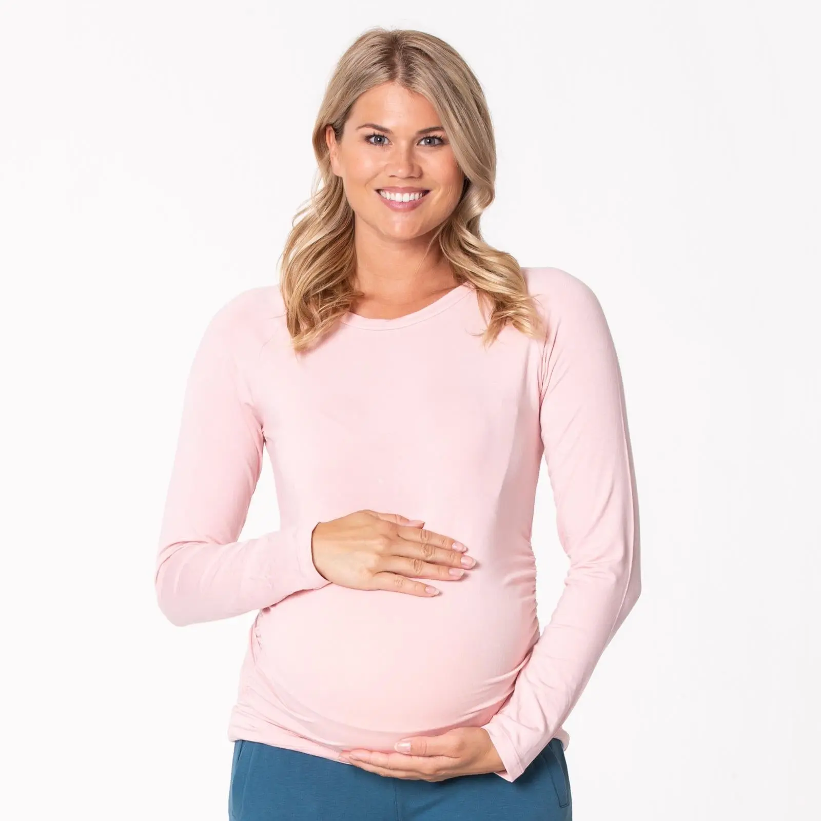 Women's Long Sleeve Raglan Maternity Tee in Baby Rose