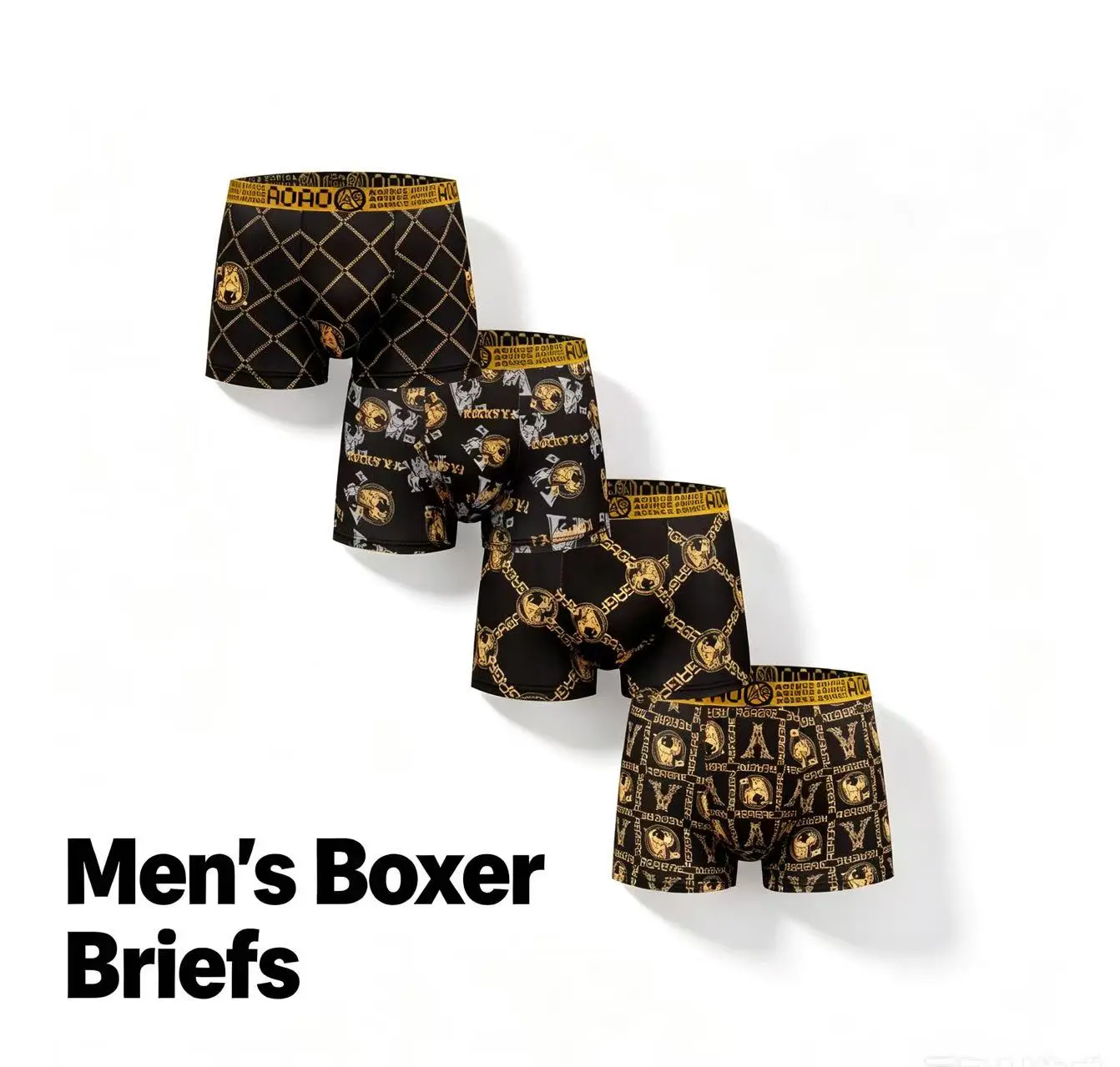 Men’s 4-Pack Black-and-Gold Boxer Briefs with Lettered Waistband, Soft Breathable Comfortable Everyday Underwear, Full-Coverage Pouch, All-Season Casual Menswear with Basketball Denim Fabric Layer