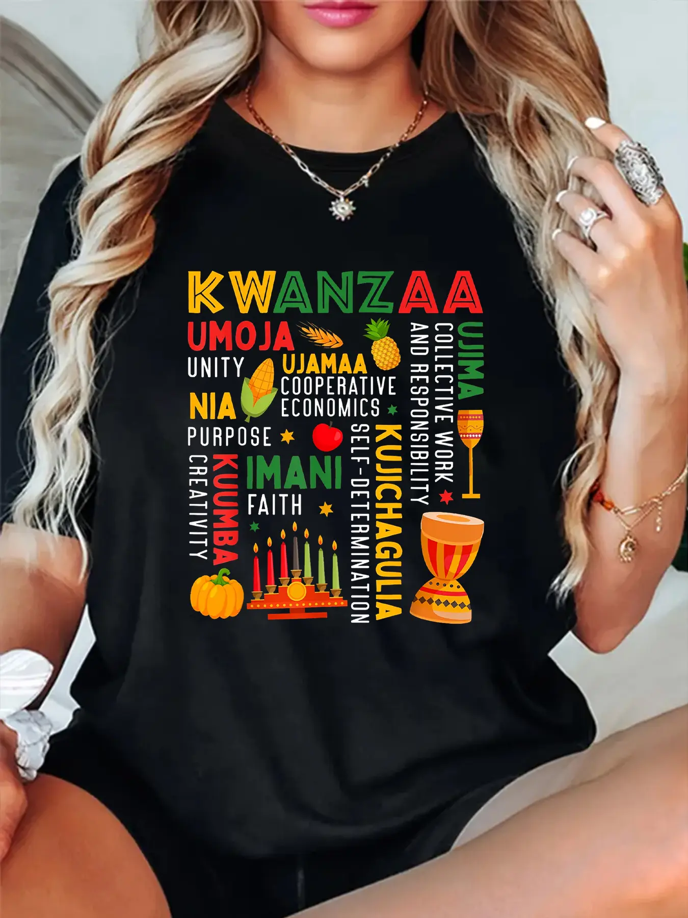 100% Cotton Unisex KWANZAA Print Crew Neck T-Shirt, Women Graphic T Shirts, Casual Short Sleeve T-Shirt for All Seasons, Women's Clothing