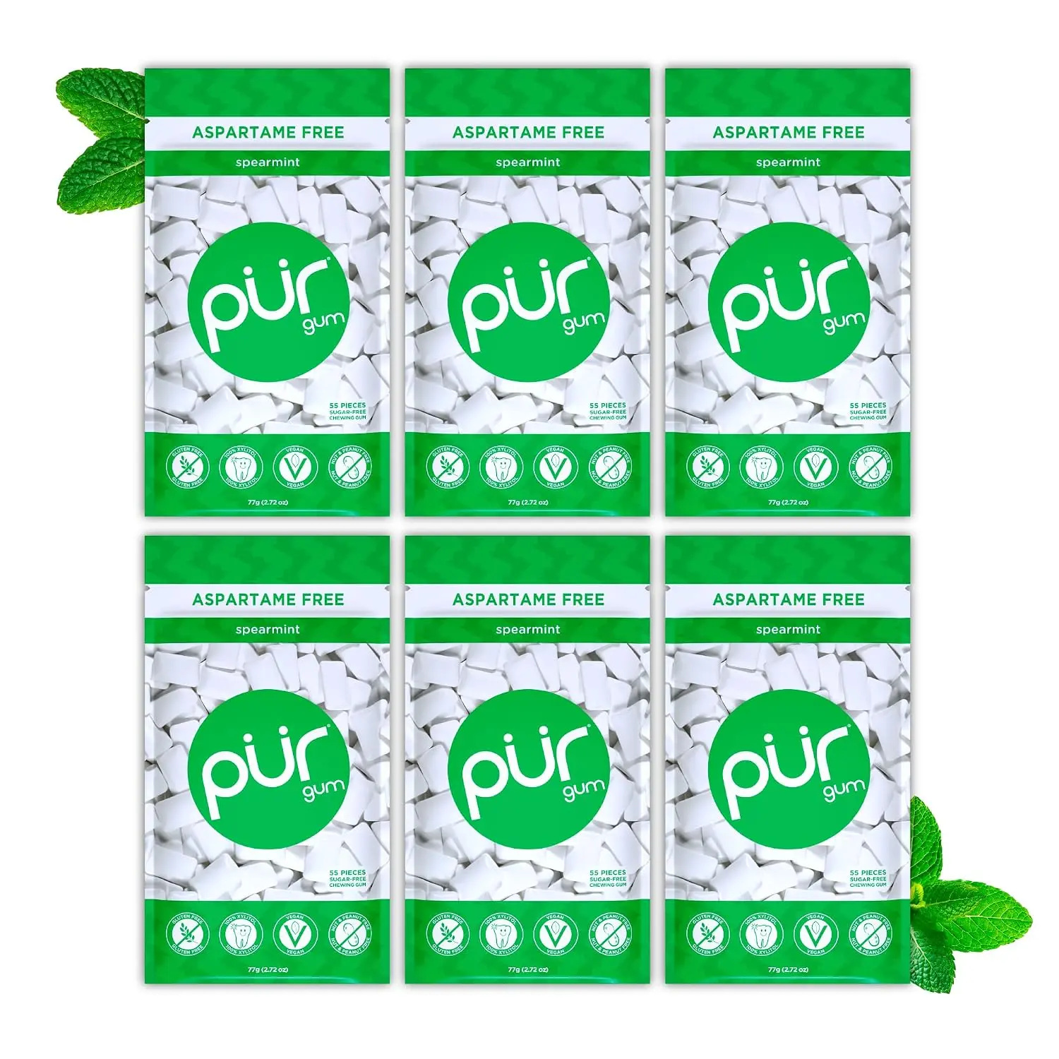 PUR Gum, Spearmint, Xylitol Gum, No Artificial Flavor, 330 Count (6x55)