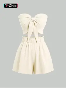 Two-Piece Set Women's Basic Solid Color Crop Tube Top & Elastic Waist Shorts Set, Casual Fashion Cozy Outfits for Daily Outdoor Wear, Ladies Clothes for Summer