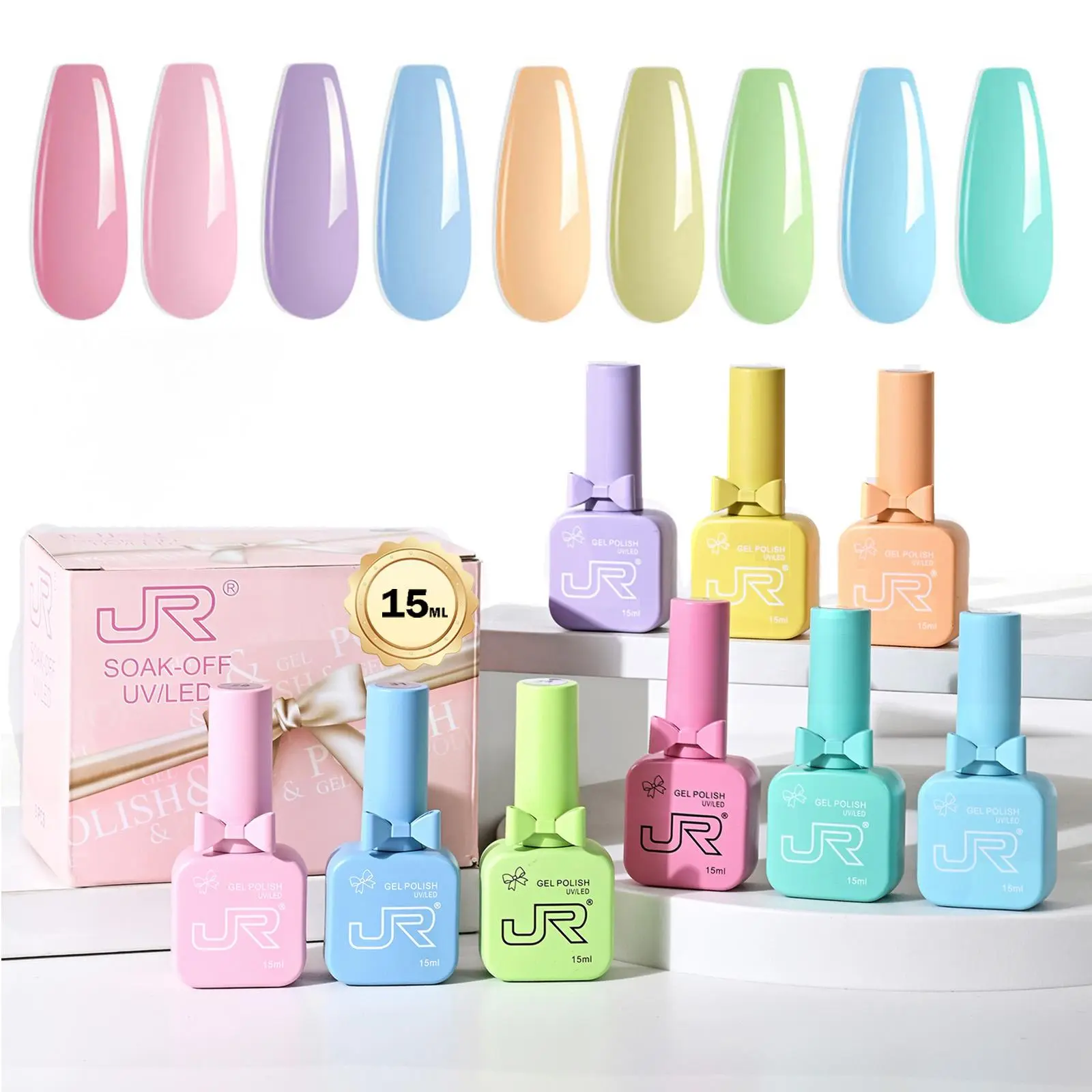 JR HEMA Free Gel Polish Set (9 x 15ml) | Summer Macaron Candy Nails for Beach Vacation & Pool Party, Hypoallergenic UV LED Soak Off Colors