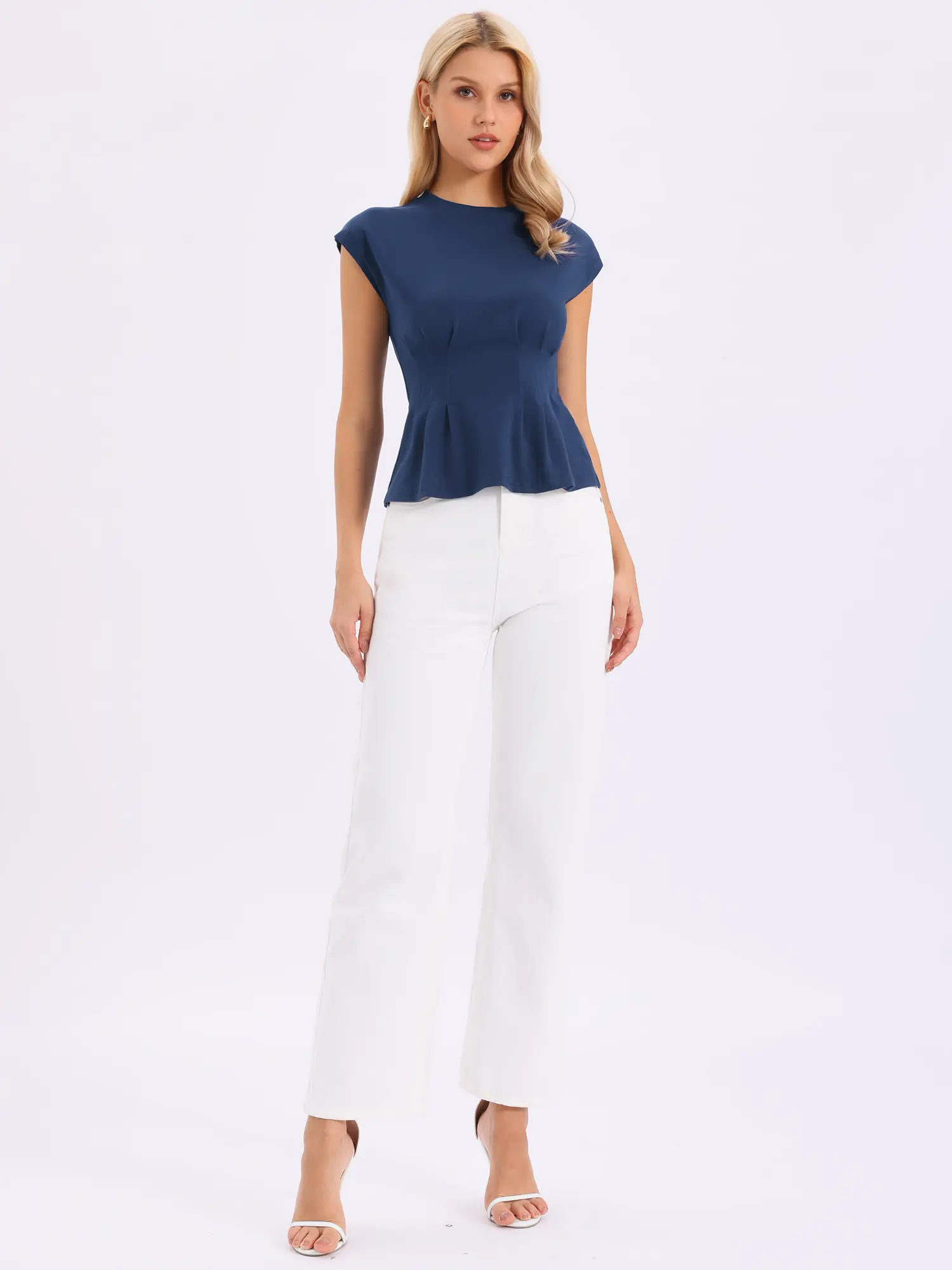 INSPIRE CHIC Peplum Tops for Women Cap Sleeve Crew Neck Summer Business Work Blouse Tops