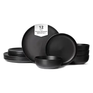 12-Piece Stoneware Dinner Plates Bowls Sets | Microwave & Dishwasher Safe | Non-Toxic Dinner Plates Bowls Set | Stackable Matte Glaze Kitchenware for 4