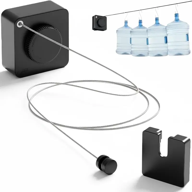 Wall Mounted Retractable Steel Wire Washing Line - 15.7 ft Max Heavy Duty Stable Aluminum Box, Non-Sagging Black Laundry Line (Square-Gray), ABS Waterproof Space-Saving Home Goods Laundry Tool, Outdoor Drying Accessory