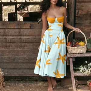 Summer Starfish Print Sling Dress, Summer countryside vibe, Bohemian mix, retro yet lively, simple modern style, ocean-themed spring/summer dresses, vacation style