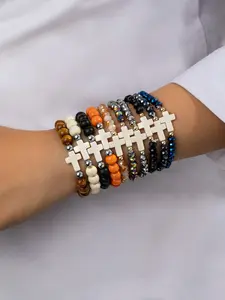 Boho Multi-Layer Beaded Bracelet Set, Cross Natural Stone Elastic Wristband, Vintage Stackable Jewelry, Fashion Accessory for Women