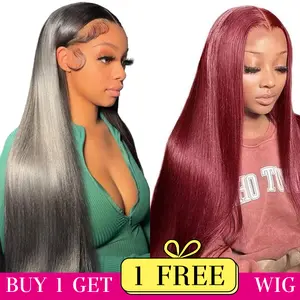 [Combo sale 26"&22"] buy 1 get 2 wig" 26 Inch 13x4 Straight Hair Lace Front Wigs + 13x4 22Inch Straight 99j Human Hair Hair Pre Plucked HD Transparent Lace FrontalHuman Hair Wigs 180% Density