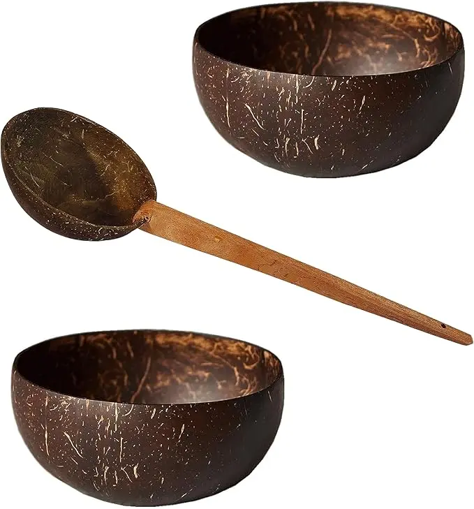 Authentic Kava Drinking Cup - 100% Natural Fiji Kava Coconut Shell, 2 KAVA Drinking Cup (Bilo) 1 Bilo with wooden handle Cutlery Tableware