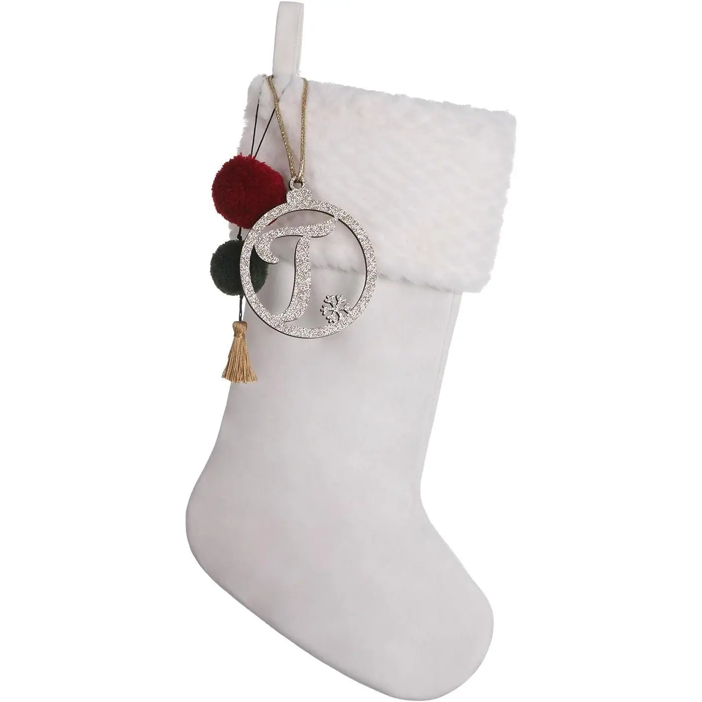 19.5 in Personalized Gold Wooden Initial Letter Velvet Christmas Stocking with Pom Poms - White-T, Home Holiday Decor for Fireplace Party