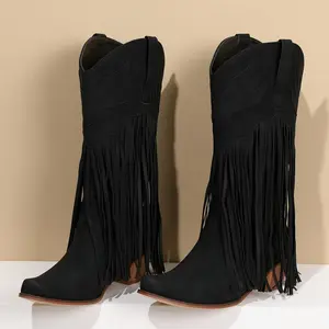 Women’s Fringe Cowboy Boots – Western Style, Embroidered, Pointed Toe, Chunky Block Heel, Pull-On, Knee-High Cowgirl Boots, Fashion Styles