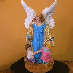 Angel de la Guardia Statue with Children - Blue Robe and White Wings - Home Decor Figurine