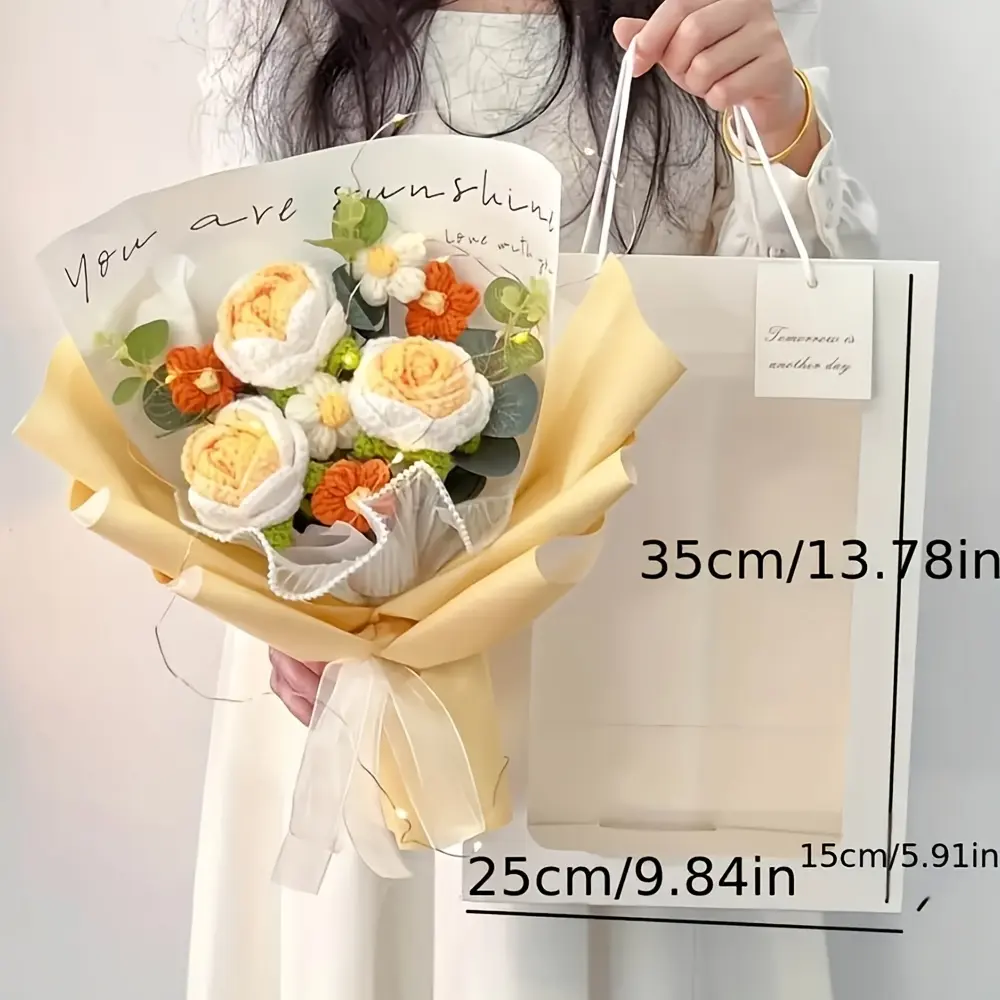Artificial Flower Bouquet with Gift Bag, 1 Count Handmade Crochet Flower Bouquet, Decorative Flower for Home Wedding Party Gift, Creative Olympic Flower Bouquet, Artificial Flower Decoration