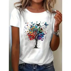 Vibrant Butterfly Tree Print Women's T-Shirt Soft Cotton Regular Fit Round Neck Casual Tee Trendy Floral Graphic Top for Everyday Wear