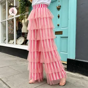 Women Trendy Cute Pants Casual Layered Mesh Ruffles Stripe Print Elastic Trousers for Daily Streetwear
