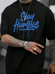 "Stay Humble" Drip Graphic Oversized Polyester T-Shirt for Men | TikTok Trendy Streetwear Top – Bold Royal Blue Design, Breathable Polyester Fabric, Loose Fit Perfect for Daily Outfits, Urban Street Style Looks & Casual Wear, Casual Street Fashion