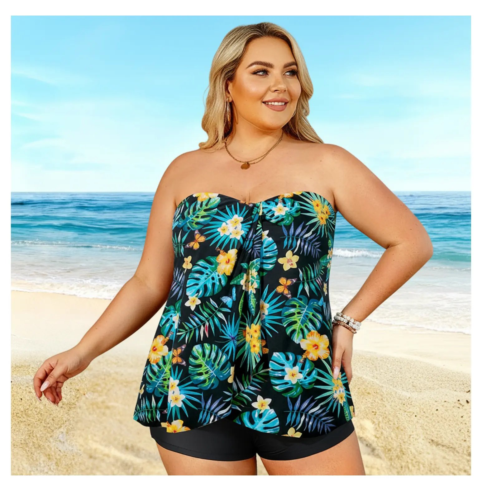 Plus Size Tankini Swimsuit for Women - Strapless Floral Print Bathing Suit - Leaf Pattern Two Piece Swimwear - Adjustable Halter Top & High Waisted Bottom