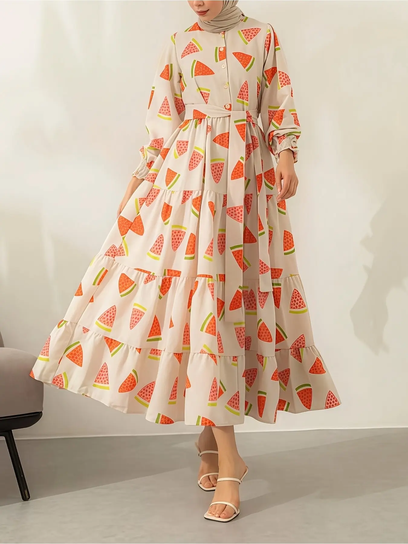 Women's Tiered Watermelon Print Maxi Dress, Fresh Summer Fashion, Modest Fashionable, Button Front & Elastic Cuffs, Soft & Skin-Friendly, Ideal for Vacations, Hijabi Cute Dresses, Muslim Dress, Modest Muslim Clothing