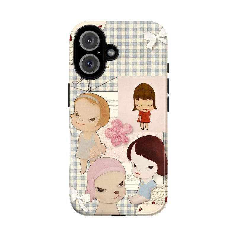 Tough Phone Case: Cute Floral Yoshitomo Nara Japanese Aesthetic Collage Design. Shockproof Heavy Duty Protective Cover for iPhone 11, 12, 13, 14, 15, 16, 17 Pro Max Plus.