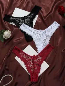 3 Piece Floral Lace T-Back Underwear Set, Fashion Breathable Underwear, Soft Comfortable Breathable Women's Thong, Elastic Bow Decor Lingerie for Daily Wear