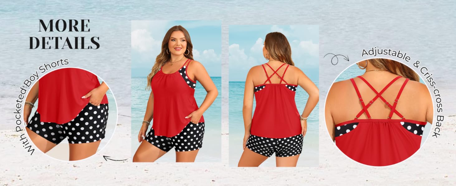 Tempt Me Women Plus Size Tankini Swimsuits - Two Piece Flowy Bathing Suits with Pocketed Boyshorts Swimwear