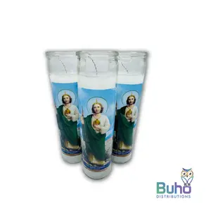 Saint Jude 8" Full Label-White | San Judas Tadeo-Blanco| Set of 3 Religious 8” Candles  | Búho Distribution